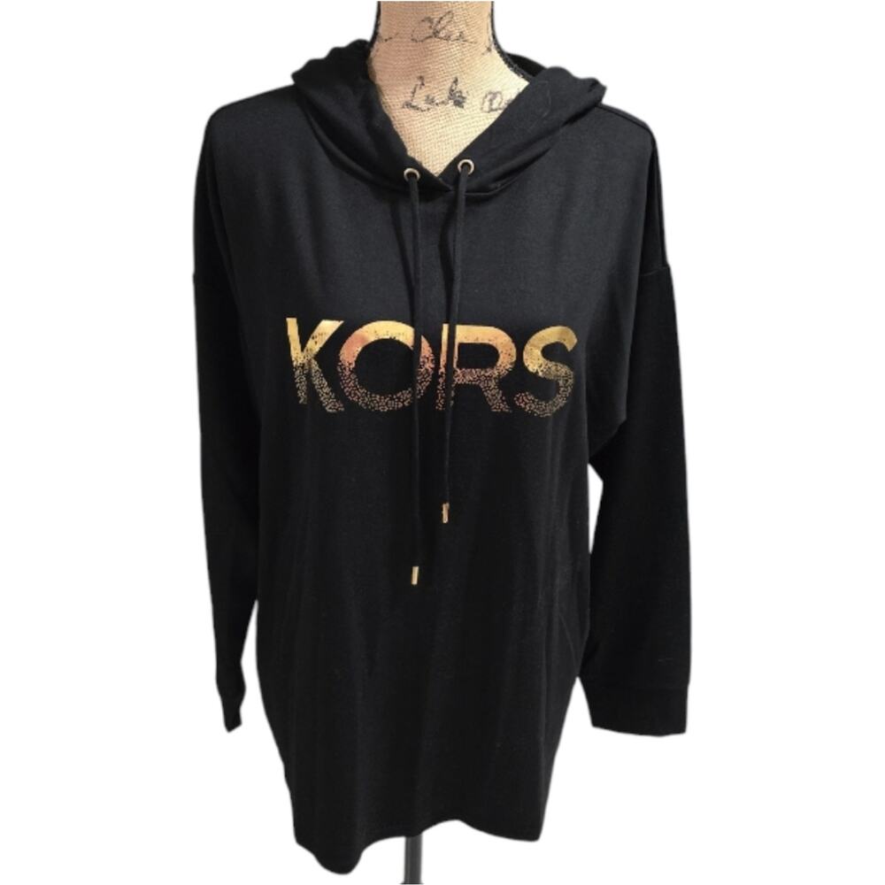 Michael Kors Metallic Gold Logo Black Super Soft Hoodie Top‎ Plus Size New